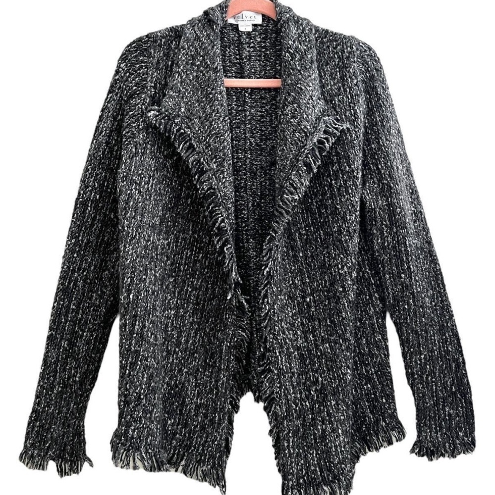 Velvet by Graham & Spencer Tweed Chunky Knit Fringe Open Front Cardigan